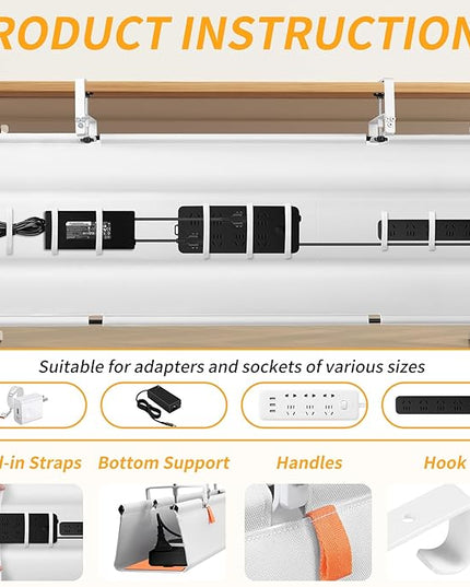 No Drill Under Desk Cable Management Tray, 48" Cord Organizer with Clamp, Fabric Cable Management for Standing Desks, Ideal for Home & Office - White