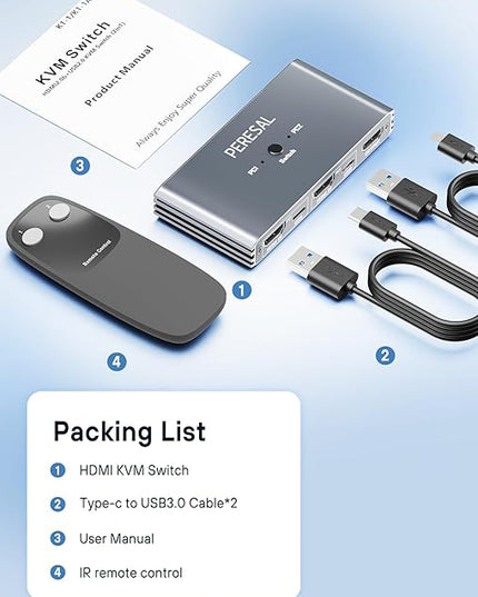 USB KVM Switch with Remote Control, HDMI Switch, 4K@60Hz KVM Switches for 2 Computers Sharing 1 Monitor, 4 USB Devices Such as Keyboard, Mouse, Printer, Scanner, Includes 2 USB-B Cables