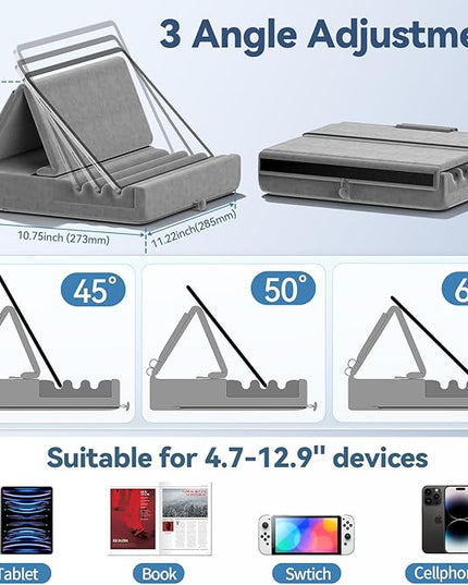 KDD Tablet Pillow Holder, Foldable iPad Stand for Lap, Bed and Desk -Tablet Soft Pad Dock with Pocket & Stylus Mount Compatible with iPad Pro 12.9, 10.5, 9.7 Air Mini 6 5 4 3, Galaxy Tab, E-Reader