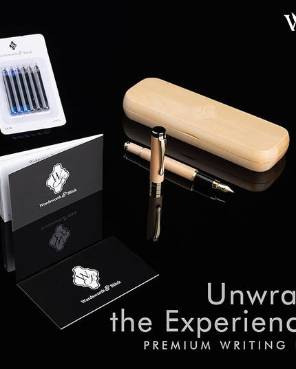 Wordsworth & Black Fountain Pen Set, Luxury Bamboo Wood - Medium Nib, Gift Case; Includes 6 Ink Cartridges, Ink Refill Converter -Journaling, Calligraphy; Drawing, Smooth Writing [Maple Wood]