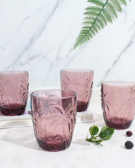 M&N HOME Colored Whiskey Glasses, Set of 4 Colorful Drinking Glasses, 9 Oz Coconut Cups, Glass Tumblers, Glass Cups for Water and Juice, Tiki Cups, Tropical Themed Glassware Set - PURPLE SET
