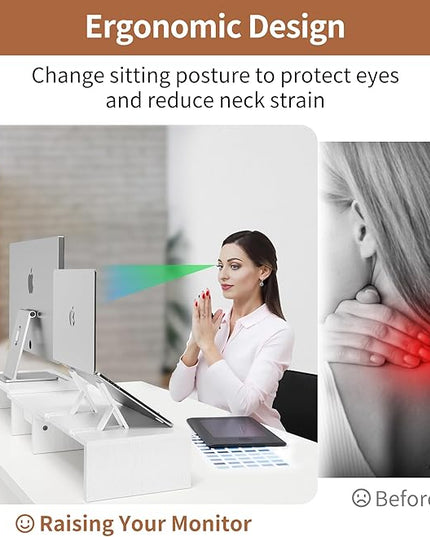 Dual Monitor Stand Riser - Computer Monitor Stand for 2 Monitors，Office Desktop Organizer，Adjustable Length and Angle 3 Shelf with Storage Drawer Phone Holder for Monitors and Laptops-White