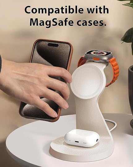 3 in 1 Charging Station for Apple Devices,Mag-Safe Charger Stand Fast Charging,Wireless Charger for iPhone 16/15/14/13/12 Series,& AirPods,& iWatch(USB Charger Included)