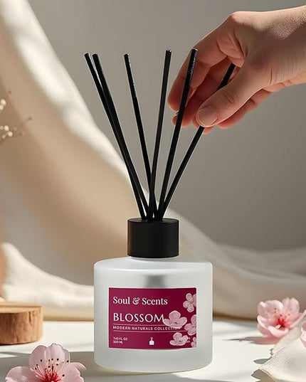 Soul & Scents Reed Diffuser Set – Blossom | 7.43 oz Refillable Scented Oil with 6 Fiber Sticks | Long-Lasting Home Fragrance & Air Freshener for Bedroom, Bathroom, Office | Gift & Décor Piece