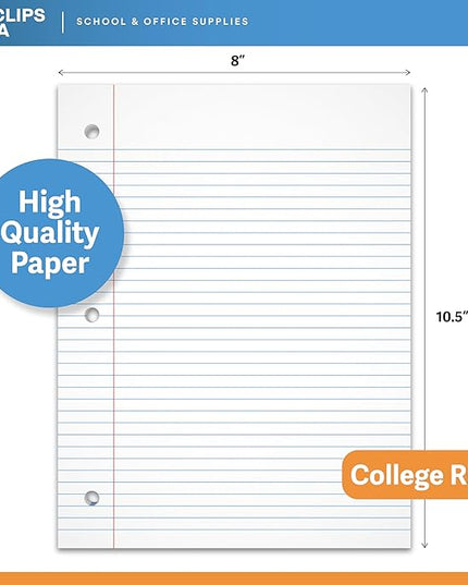 Loose Leaf Paper College Ruled Notebook Paper College Ruled Lined Writing Filler Paper 10.5” x 8” 2400 Sheets 100 Sheets Per Pack 60 gsm (24 Pack)