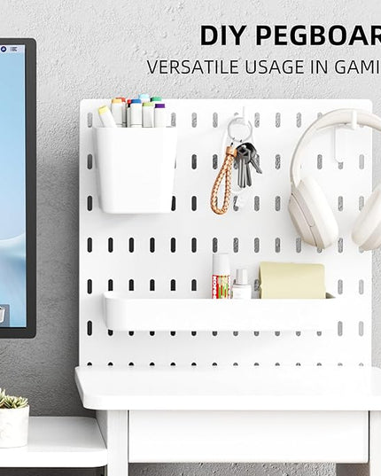 Pegboard Monitor Stand Riser,Computer Monitor Stand with 2 Hooks Cable Management Desk Organizer and Drawer for Laptop,PC,Computer,Printer,White