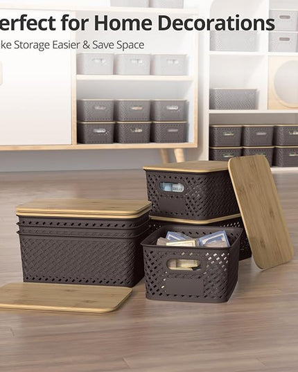 Plastic Storage Bins with Bamboo Lids, Stackable Small Box Baskets for Organizing and Containers for Shelves Drawers Desktop Closet Pantry Classroom Office Home, 6 Pack 10.2x7.2x4.1 Inch, Brown