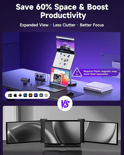 JSAUX FlipGo Pro 16" Dual Portable Monitors, 2.5K Triple Laptop Screen Extender, Portable IPS Dual-Screen Monitor for Laptop[for Windows/Linux/macOS] One Cable to Dual/Magnetic Design/DisplayLink