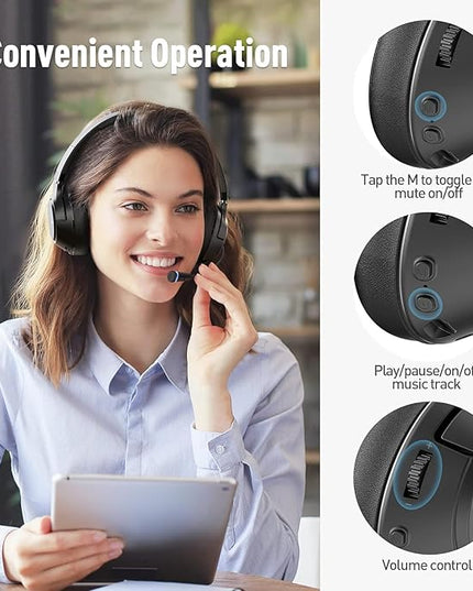 H300 Wireless Headphones Bluetooth with Microphone, Over Ear Headsets with USB Dongle & Mute, Environmental Noise Cancelling Retractable Mic for Work Office Meeting Laptop Computer (Black)