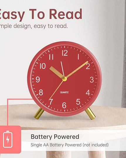 Analog Alarm Clock, 4 inch Super Silent Non Ticking Small Clock with Night Light, Battery Operated, Simple Design, easy setting for Office, Bedroom, Bedside, Desk, teens, elders, kids, adult, Red