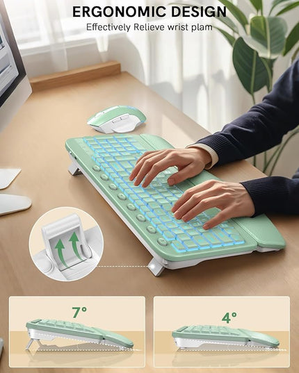 SABLUTE Ergonomic Wireless Keyboard and Mouse Combo - Wave Keyboard with Soft Leather Wrist Rest, Resistant Keys, RGB Backlit Rechargeable Set for PC/Mac/Chromebook (Green)