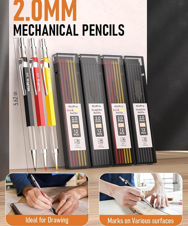 Nicpro 18 Pack Carpenter Pencils Mechanical, Construction Pencils with 60 Refill, Automatic Center Punch and Carbide Scribe Tool, 2.0mm Mechanical Pencil for Woodworking, Best Carpenters Marking Tool