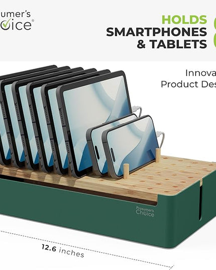 Prosumer's Choice Bamboo Charging Station - Multi Charger Station Organizer - Desk Docking Station for Phones, Tablets, Laptop - Wooden Charging Station with Removable Dividers - Cables Not Included