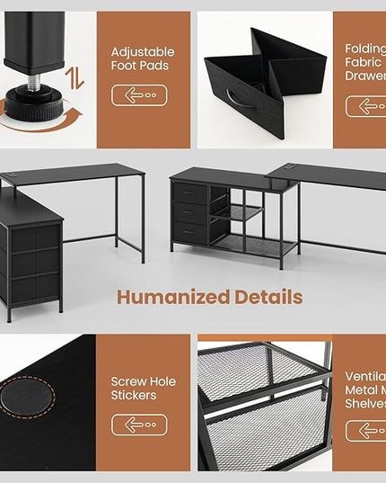 Tangkula 81 Inch L-Shaped Desk with Power Outlet, Convertible Corner Desk with Drawers & Shelves, Office Desk for Working, Studying, Gaming (Black)