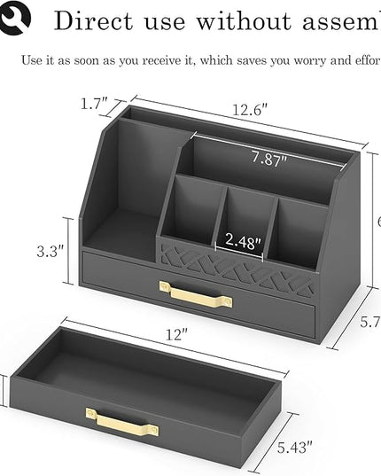 Wisuce Essentials Bamboo Desk Organizer with Drawers, Mail Organizer Countertop Wood Desk Drawer Tabletop Storage Organization Pen Holder Letter Sorter Makeup Organizer for School Home Office (Black)