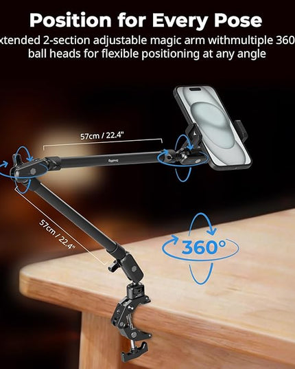 SmallRig 22.4" Magic Arm with Super Clamp, Overhead Phone Mount, Flexible Desk Camera Mount with 1/4" Screw and Cable Clip, Max Load 2.2lb, for iPhone, Action Camera, Video Light, Webcam, Mic - 5625