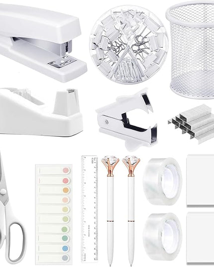 Office Supplies,Desk Accessories, Stapler and Tape Dispenser Set for Women with Stapler, Tape Dispenser, Staple Remover, Staples, Clips, Scissor and Tabs,Gift for Students, Coworkers