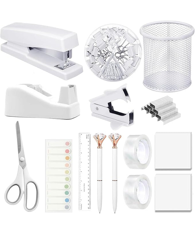 Office Supplies,Desk Accessories, Stapler and Tape Dispenser Set for Women with Stapler, Tape Dispenser, Staple Remover, Staples, Clips, Scissor and Tabs,Gift for Students, Coworkers