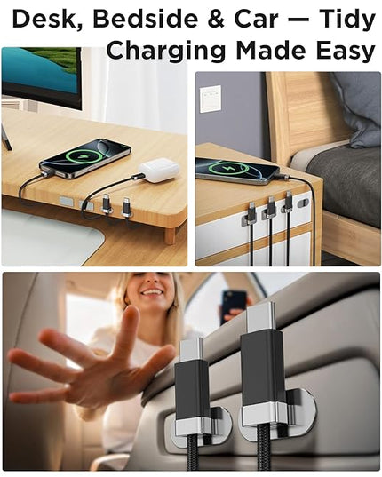 Magtame USB C to USB C Cable 5FT, StayCable with Built-in Magnetic Organizer for Nightstand, Desk and Car, 60W Fast Charging Cord with 2 Adhesive Metal Plates, Braid Type-C Cable for iPhone 17 16