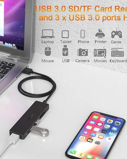 USB Hub 3.0 Splitter, TSUPY USB 3.0 Hub Multi USB Adapter Port Expander with 4ft Cable, SD/TF Card Reader & 3 USB 3.0 Ports Compatible for PC, Laptops, Surface Pro, MacBook, iMac Pro