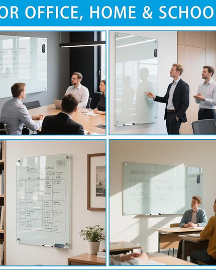 Glass Dry Erase White Board - 48"X36" Magnetic Whiteboard Large Frameless Boards with Super Strong Magnets for Office, School and Home Wall
