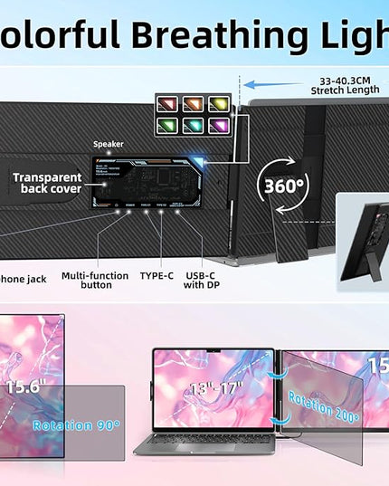BKVOO Laptop Screen Extender Dual Monitor - 15.6" Portable Monitor Detachable IPS 1080P FHD 85% NTSC Travel Screen USB-C HDMI Port Compatible with Wins Mac Chrome Dex Fits 13-17" Laptops