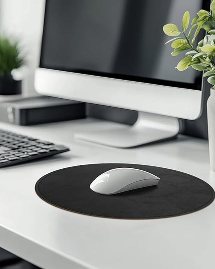 Mouse Pad，Round Mouse Pad，PU Mouse Pad，Leather Mouse Pad with Stitched Edge Micro-Fiber Base with Non-Slip Waterproof，Mouse Pad for Computers，Laptop，9 x 9 Inch (Charcoal Black)