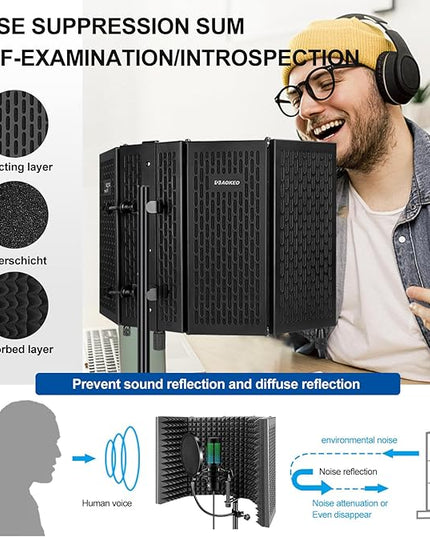 Aokeo Studio Recording Microphone Isolation Shield with Pop Filter & Tripod Stand, High Density Absorbent Foam to Filter Vocal, Foldable Sound Shield for Blue Yeti and Condenser Microphones