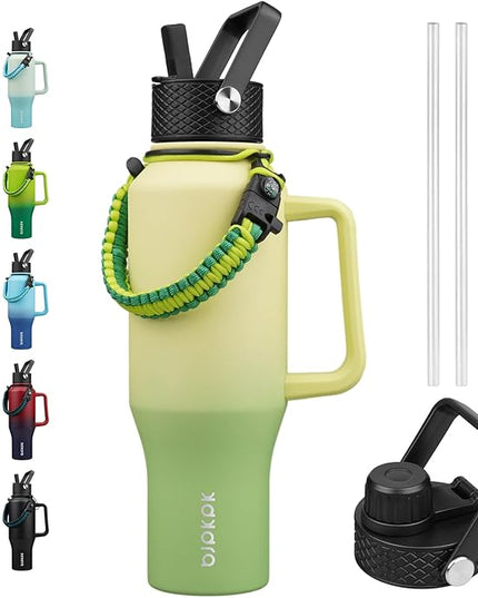 BJPKPK Insulated Water Bottles with Straw Lid, 35oz Metal Water Bottle with 2 lids & Paracord Strap, Double Wall Stainless Steel Tumbler with Handle, Reusable Cups, Mugs, Thermo, Fresh Green