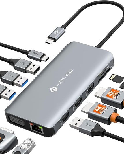 USB C Docking Station Dual HDMI Adapter, 11 in 1 Multi Display Docking Station Dual Monitor with 2 HDMI, VGA, 100W PD, 4 USB, USB C Hub Multiport Dongle Compatible with MacBook/Dell/HP/Lenovo Laptops