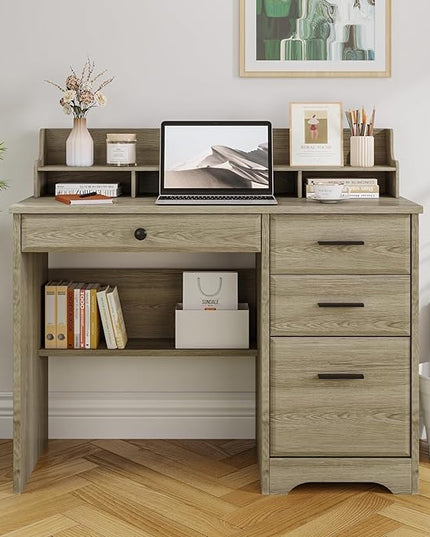 4 EVER WINNER Computer Desk with Drawers, Small Desk with Monitor Stand and File Drawer, Wood Desk with Storage, Writing Desk for Bedroom Home Offic, Grey