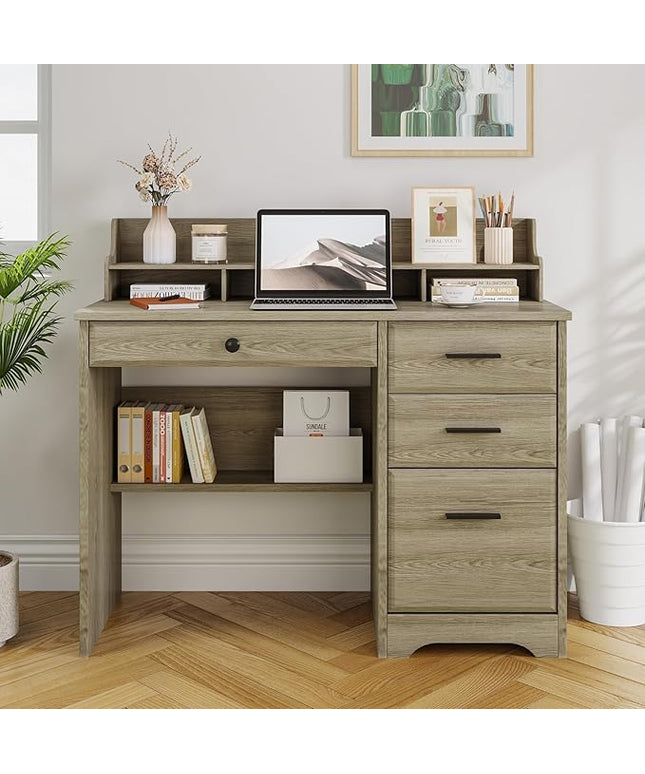 4 EVER WINNER Computer Desk with Drawers, Small Desk with Monitor Stand and File Drawer, Wood Desk with Storage, Writing Desk for Bedroom Home Offic, Grey