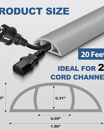 Floor Cord Cover for Wires on Floor Self Adhesive Cord Hider Floor Cable Management Wire Covers for Cords Protector Prevent Cable Trips Cord Cavity W 0.59" x H 0.31", Gray, 20Ft