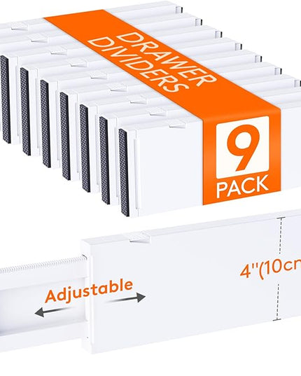 Lifewit 9 Pack Drawer Dividers 4" High, 11-17" Adjustable Drawer Organizers for Clothes, Expandable Dresser Separators in Bedroom/Bathroom/Kitchen/Fridge/Office Organization and Storage, White