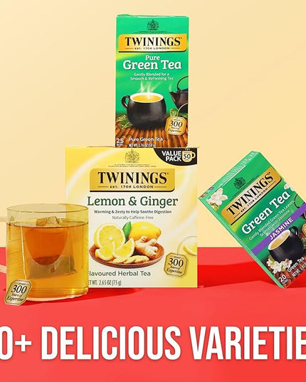 Twinings Pure Green Tea Individually Wrapped Bags, 25 Count (Pack of 6), Smooth Flavour, Enticing Aroma, Caffeinated, Enjoy Hot or Iced, 150 Teabags
