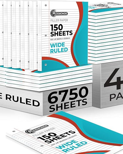 Rosmonde Loose Leaf Paper Bulk, 6750 Sheets, Wide Ruled, 8 x 10.5", Filler Papers for Office, 56 Gsm Thick Sheets, 3 Hole Punched for Binders, 45 Pack, 150 Sheets/Pack, Bulk Notebook Paper, White