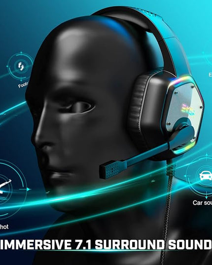 EKSA E1000 USB Gaming Headset for PC, Computer Headphones with Microphone/Mic Noise Cancelling, 7.1 Surround Sound, RGB Light - Wired Headphones for PS4, PS5 Console, Laptop, Call Center