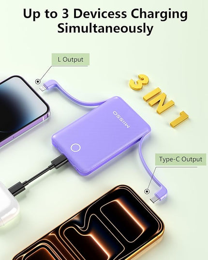 miisso 10000mAh Mini Portable Charger with Built in Cable, Pocket Size Power Bank Travel External Battery Pack for Phone, 3 Output USB Type C Cord Clutch Compatible with iPhone, Samsung, Purple