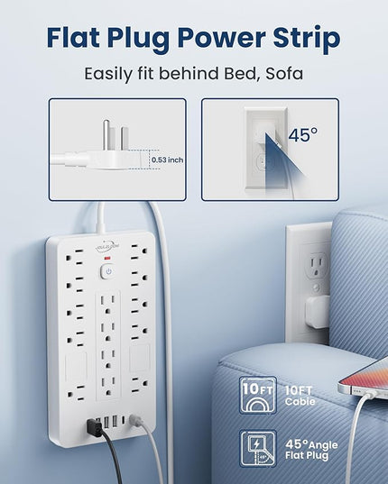 Surge Protector Power Strip-14 Outlets and 6 USB Ports, 10 Feet Flat Plug Extension Cord, 1850 Joules, White, ETL Listed for Home, Office, Dorm Room