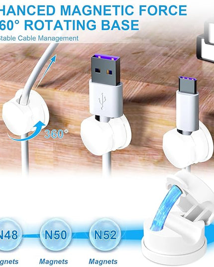 6pcs Magnetic Cable Clips, 360° Swiveling Adhesive Cable Organizer - Compact Cable Holder for Desk, Nightstand, Car, Kitchen & Home Office - Charger Cord Holder Solution by MarLigavid (White)