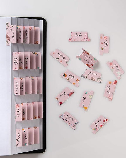 DiverseBee Laminated Planner - 24 Peel and Stick Tabs (12 Month, 12 Blank), Calendar Dividers (Rose)