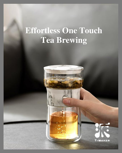 ZENS Modern Small Glass Infuser Teapot, Magic One Touch Drip Tea Pot Infusers for Loose Tea Diffuser, Cool Herbal Teapot with 200ml insulated Cup and Portable Gray Tea Kits for Tea Lovers Gifts