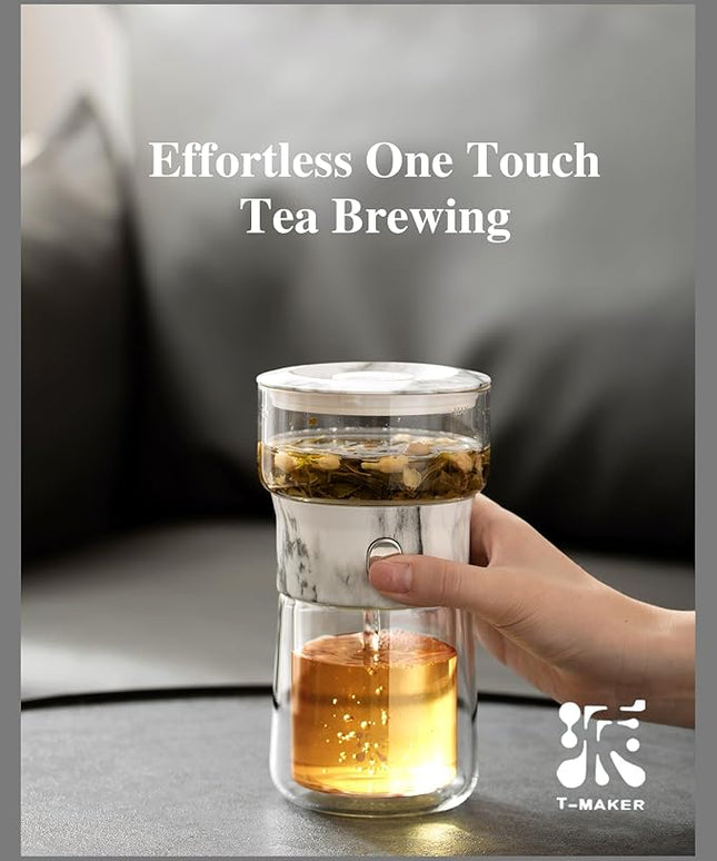 ZENS Modern Small Glass Infuser Teapot, Magic One Touch Drip Tea Pot Infusers for Loose Tea Diffuser, Cool Herbal Teapot with 200ml insulated Cup and Portable Gray Tea Kits for Tea Lovers Gifts