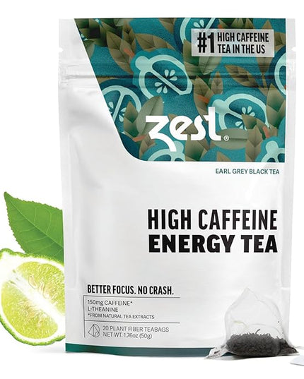 Zest High Caffeine Black Tea Bags – Earl Grey Energy Tea with Natural Bergamot – 150mg Caffeine per Cup – Focus & Morning Breakfast Tea for Energy – Caffeinated Coffee Substitute – 20Ct Pack