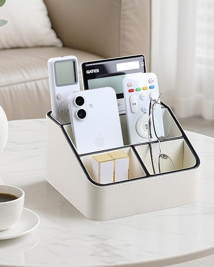 MEIBOOCH Remote Control Holder, PU Leather Small Desk Organizer with 4 Compartments, Nightstand Organizer Desk Caddy for Remote, Notepad, Phone, Glasses, and Accessories (Cream)
