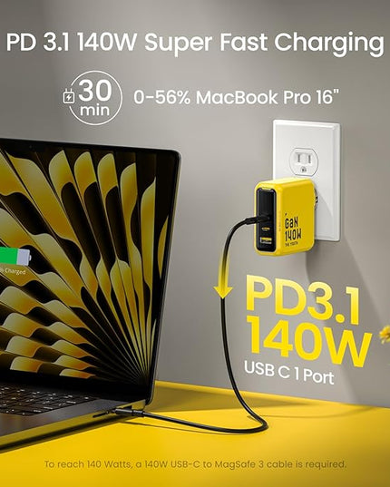 AOHI Youth 140W GaN+ USB C Charger 100W Laptop Fast Charger PD3.1 PPS 3-Port USB C Wall Charger Power Adapter for MacBook Pro 16'', Dell XPS, iPhone 17 Pro Max, iPad Pro, Tablet, Chromebook, Yellow