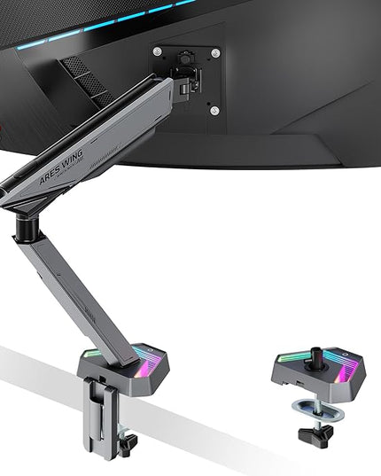 ARES WING RGB Single Monitor Arm Desk Mount for 17-45 inches Flat and Curved Monitors, Holds 35.2 lbs Heavy Duty, Adjustable Ultrawide Monitor Arm with Clamp & Grommet Base, 75/100 VESA Mount, Gray