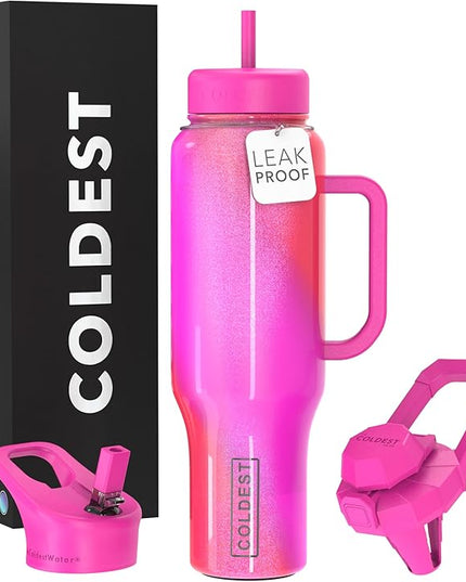 Coldest Tumbler with Handle and Straw, 100% Spill Proof Tumbler with Straw (3 Lids), Stainless Steel Insulated Leakproof Tumblers for Women Men, Cup Holder Friendly, 46 oz (Kissed Dream)