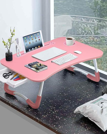 Slendor Lap Desk with Tablet Slot, Foldable Laptop Table with Storage Drawer for Bed，Portable Bed Desk for Laptop, Computer Tray with Cup Holder Notebook Stand Reading Holder for Couch Floor, Pink