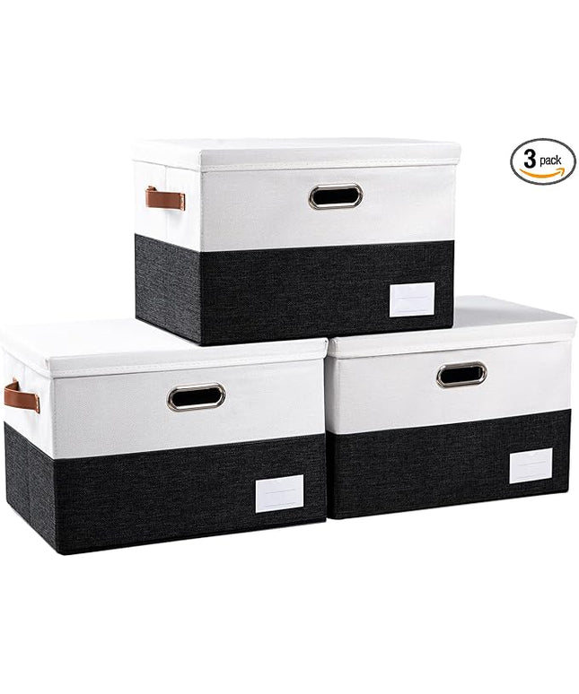 PRANDOM Foldable Storage Bins with Lids [3-Pack] Fabric Collapsible Storage Boxes Baskets Cubes Containers with Handles for Closet Living Room Bedroom (Black & White 17.7x11.8x11.8'')